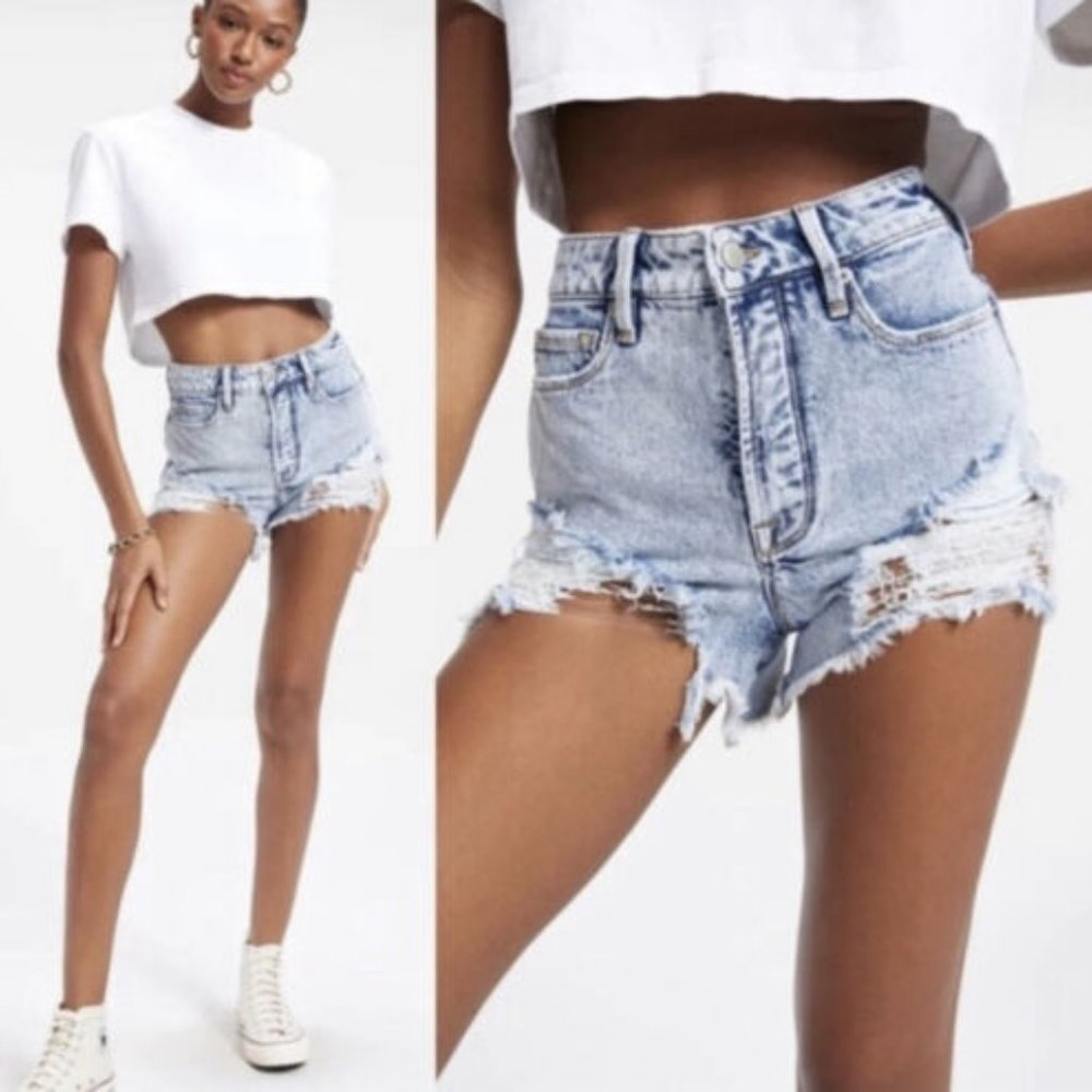 Good American Bombshell High Waisted Denim Shorts in Indigo053 Acid Wash Size 0
